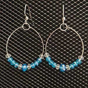 Aqua and clear glass crystal rondelle teardrop hoop earrings